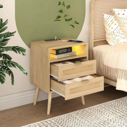 Boho Rattan Premium Nightstands with Charging Station, LED Lights & Drawers - DSARD