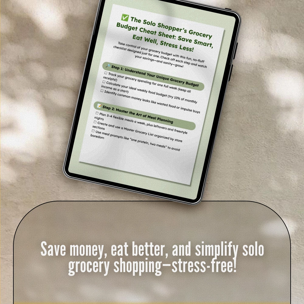 The Solo Shopper’s Grocery Budget Cheat Sheet: Save Smart, Eat Well, Stress Less | How to Grocery Shop on a Budget for 1 | Printable Budget Checklist