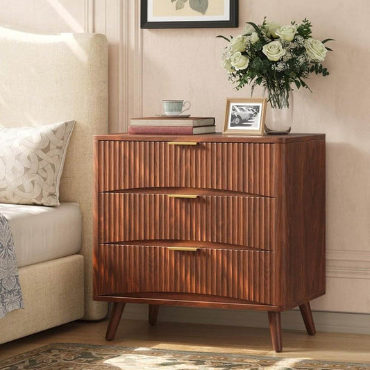 Mid Century Modern Large Fluted Premium Nightstands Set of 2 with 3 Drawers