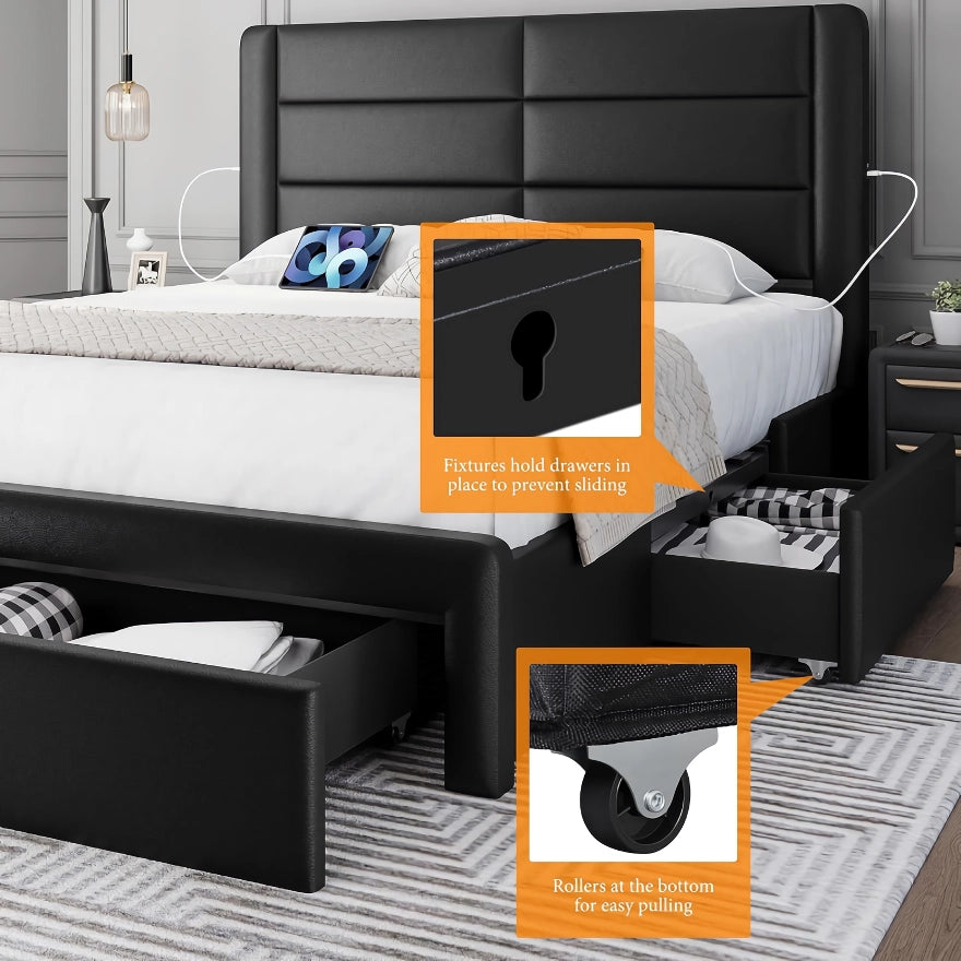 Modern Upholstered Platform Bed with Storage Drawers and USB Ports - DSARD