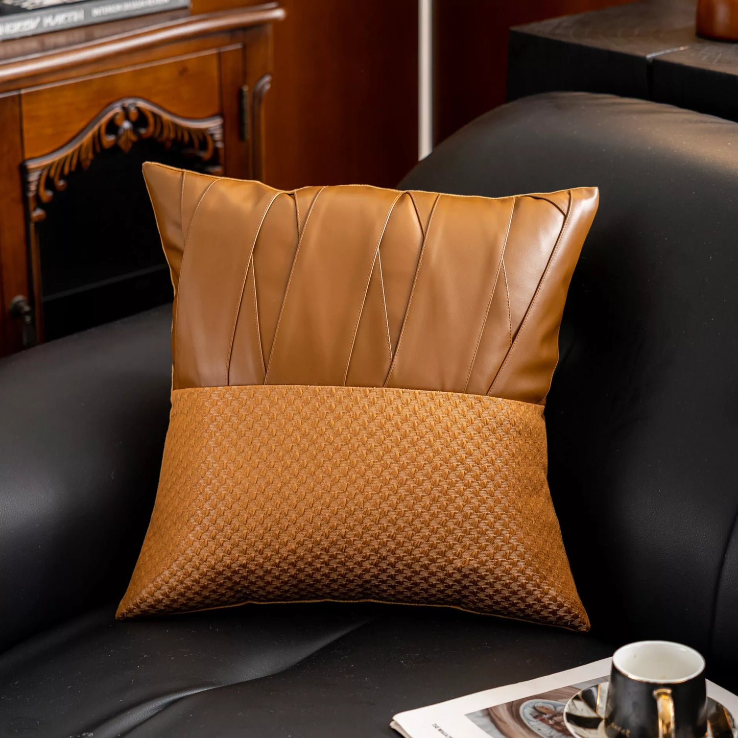 Modern Plaid Leather Stamped Throw Pillow Cover