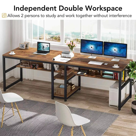 78″ Double Computer Desk with Bookshelves, Rustic Industrial Two-Person Workstation - DSARD - DSARD
