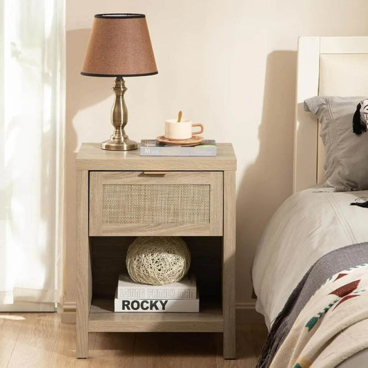 Rattan Premium Nightstands Set of 2 – Farmhouse Boho Bedside Tables with Drawer & Shelf