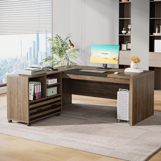 62.2″ L-Shaped Executive Desk with Mobile File Cabinet and Storage Shelves - DSARD - DSARD