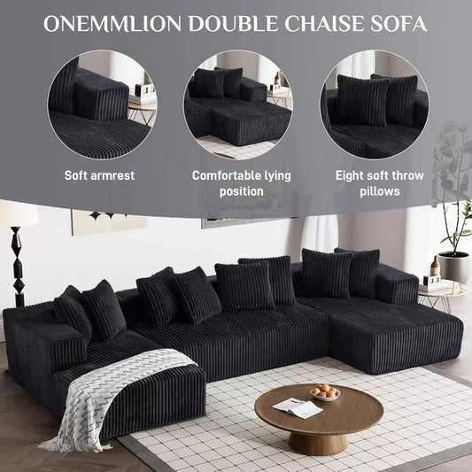 131″ Modular Black Corduroy Sectional Sofa with Chaise and 8 Pillows - DSARD - DSARD