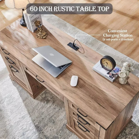 60″ Farmhouse Executive Desk with Drawers, Wood Office Desk with Charging Station - DSARD - DSARD
