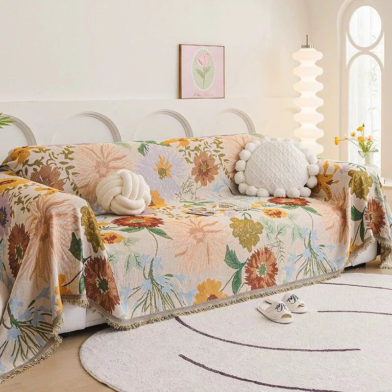Boho Chenille Floral Sofa Throw Blanket with Tassels – All-Inclusive Anti-Scratch Cover