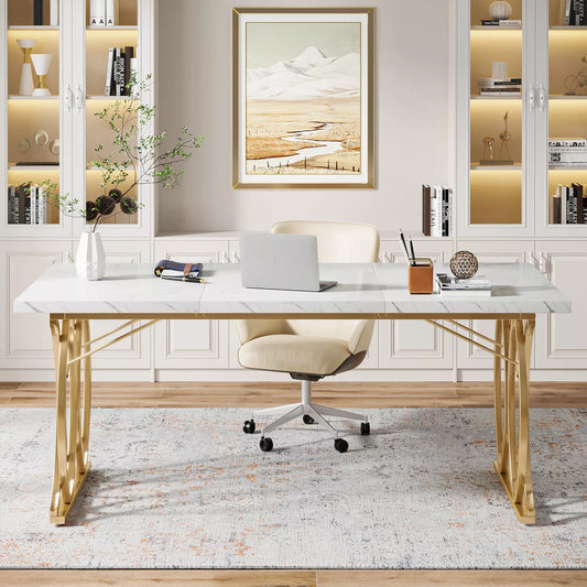 Modern Executive Desk with Faux Marble Top, 63″ Large Office Table in White Gold - DSARD