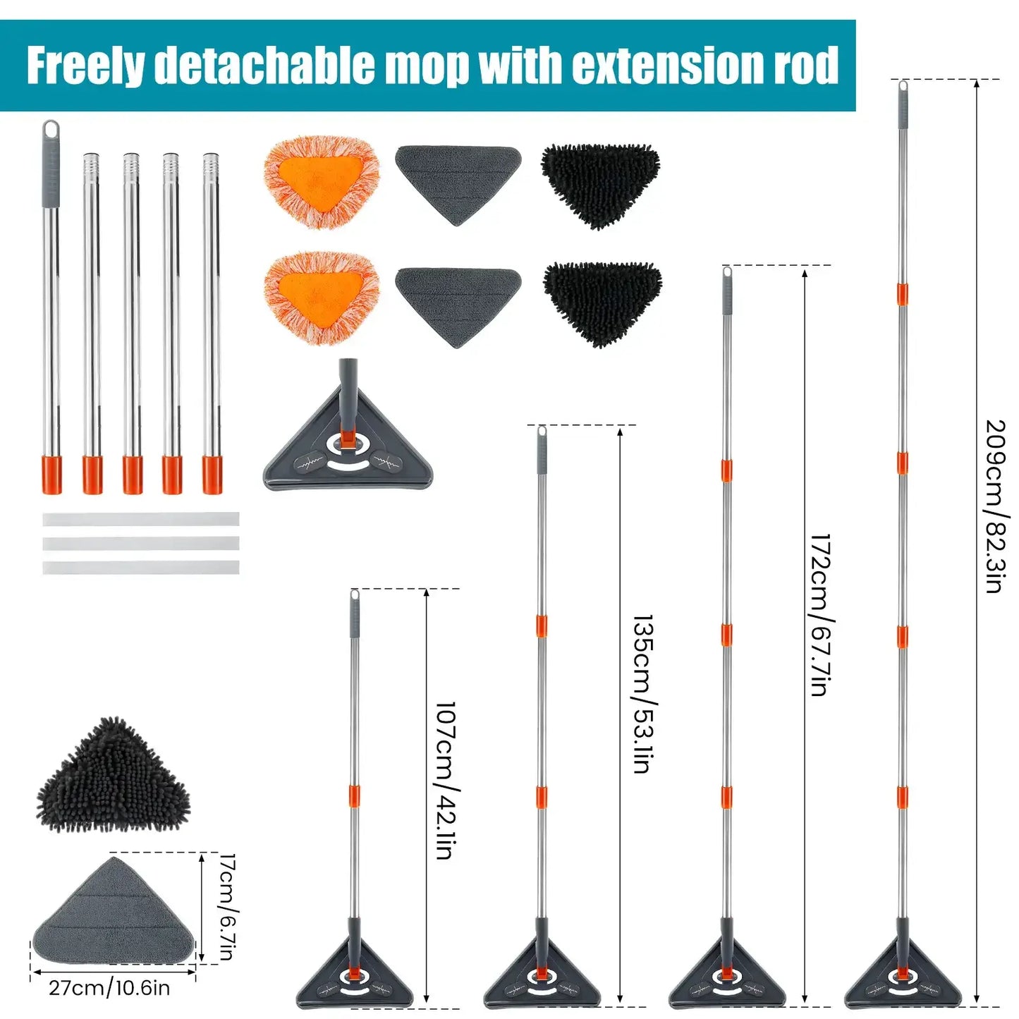 360° Rotatable Wall Mop with Adjustable Long Handle and Triangular Head - DSARD