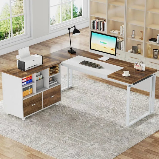 Modern L-Shaped Office Desk Set with Drawers and File Cabinet - DSARD