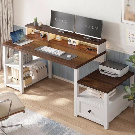 Farmhouse L-Shaped Computer Desk with Drawers, Shelves & Power Outlets - DSARD - DSARD