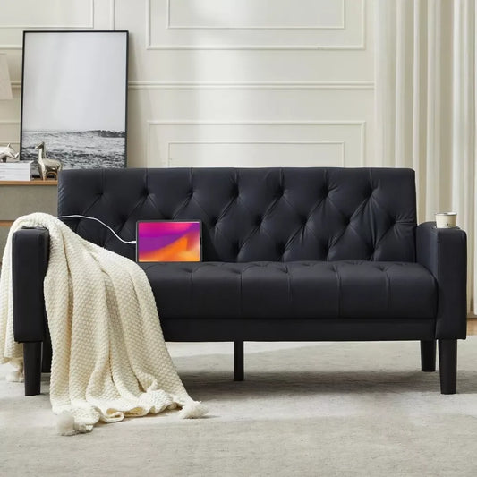 62″ Faux Leather Loveseat with USB Ports, Cupholders – Mid-Century Modern Sofa - DSARD - DSARD