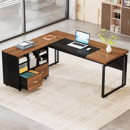 Modern L-Shaped Executive Desk with Reversible File Cabinet and Storage - DSARD