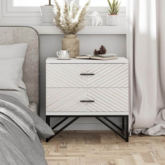Set of 2 Modern 2-Drawer Premium Nightstands with Black Metal Base