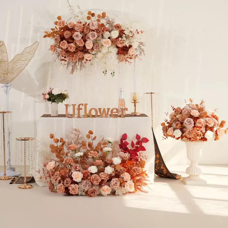 Brown Rose Artificial Flower Row Backdrop Decor