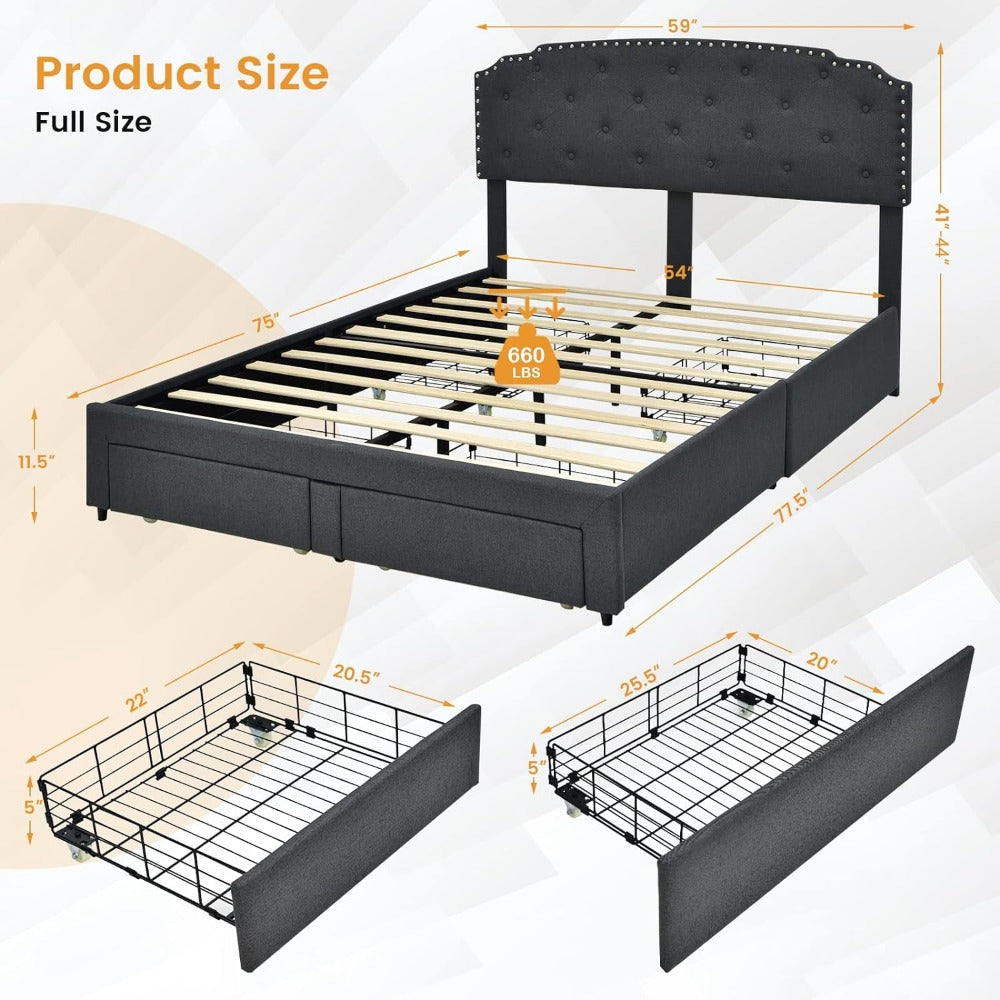 Full-Size Bed with Adjustable Headboard and Built-In Storage Drawers - DSARD