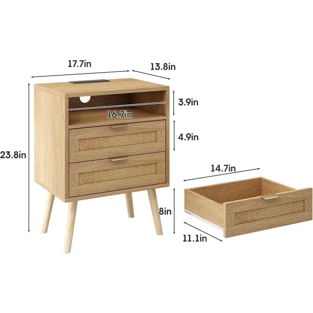 Boho Rattan Premium Nightstands Set of 2 with Charging Station & LED Lights - DSARD