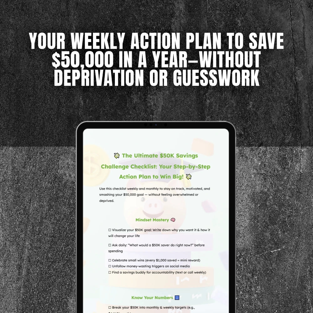 The Ultimate $50K Savings Challenge Checklist: Step-by-Step Action Plan to Save $50,000 in a Year – Digital Download