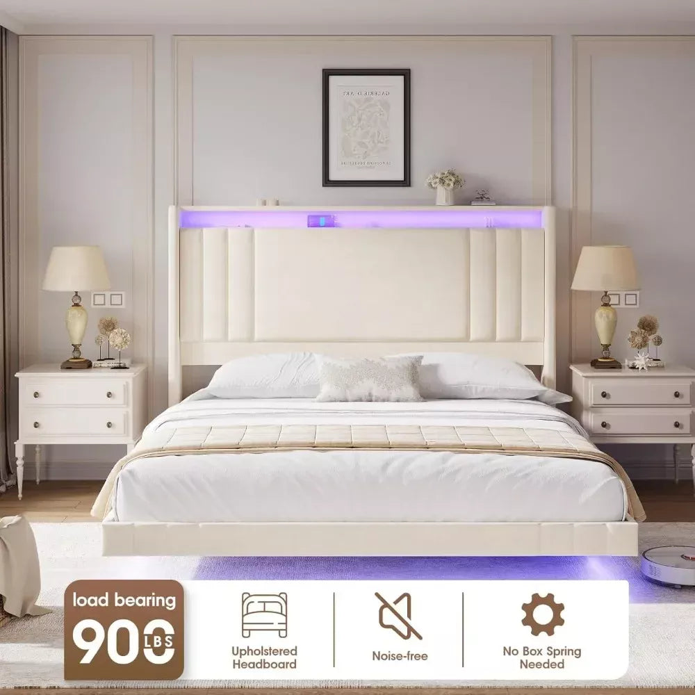 Queen Bed Frame with Storage Headboard, LED Lights & Charging Station - DSARD