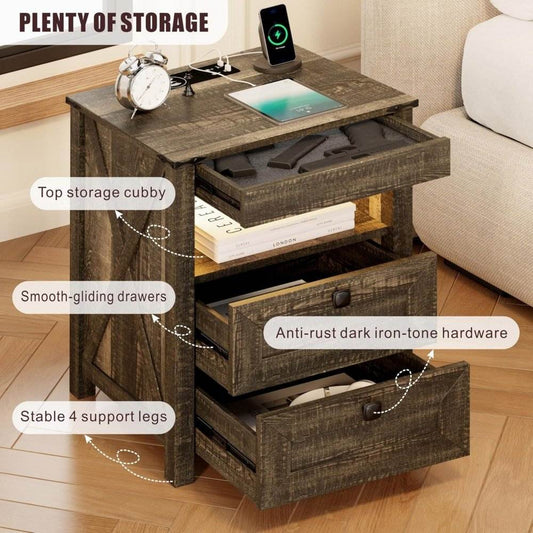 Set of 2 LED Premium Nightstands with Wireless Charging, Sensor Light & Hidden Drawer