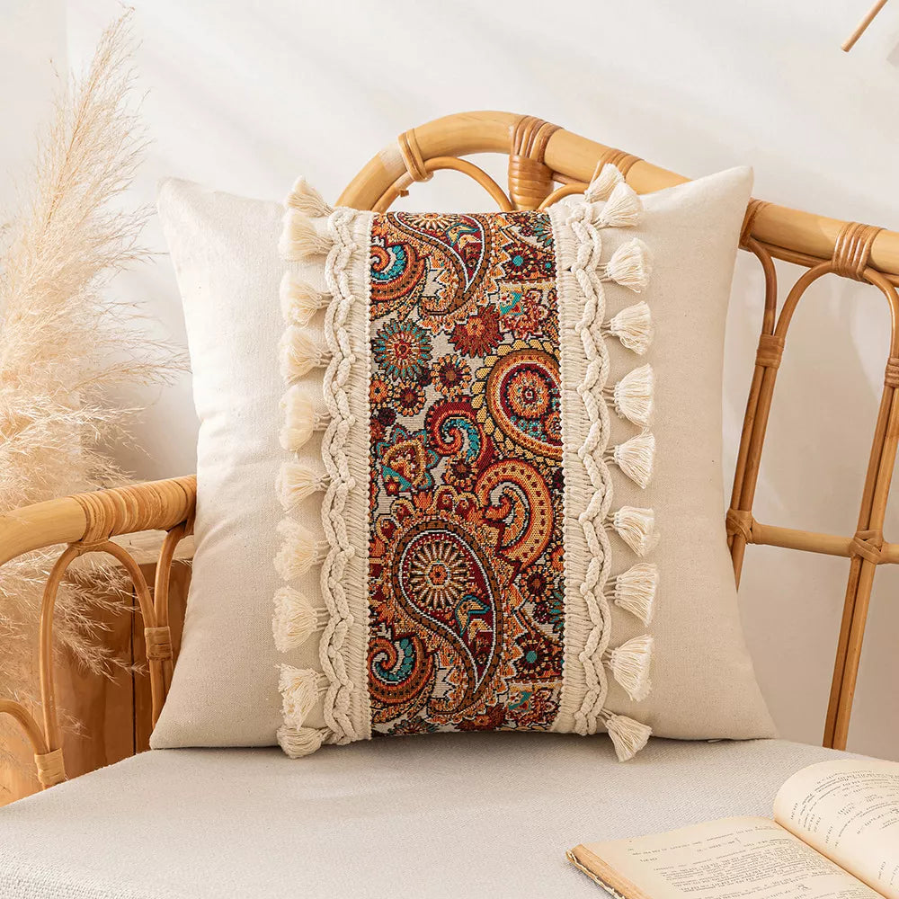 Boho Tassel Throw Pillow Cover 18×18 Inch – Retro Decorative Cushion Case