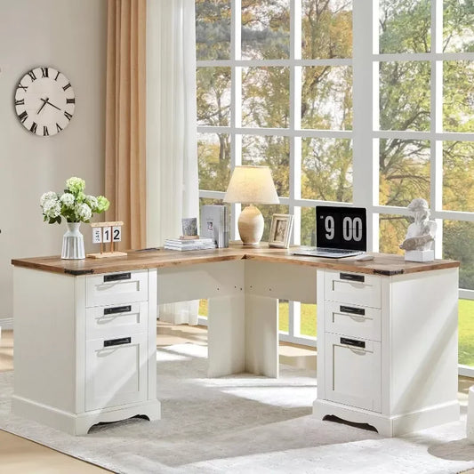 60″ L-Shaped Farmhouse Executive Desk with Drawers and Charging Station - DSARD - DSARD