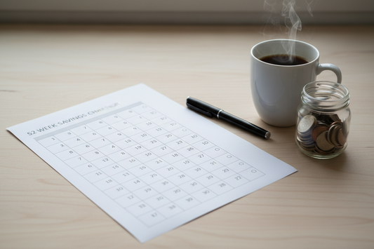 Printable 52-week savings challenge tracker on a desk with coins and coffee