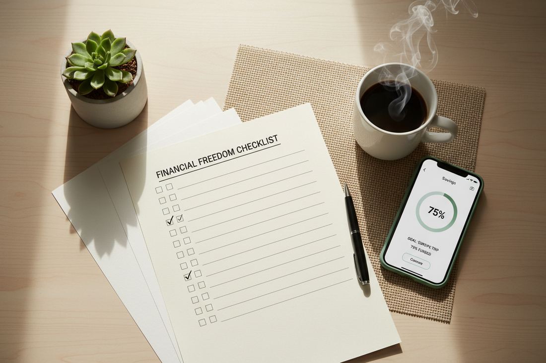 Printable 6 month emergency fund checklist laid out on a desk with coffee and a savings app