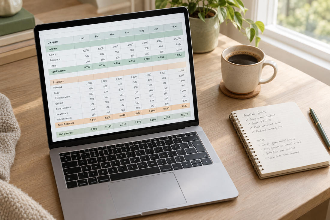 Custom budget spreadsheet open on a laptop, with a notebook and coffee on a home desk.