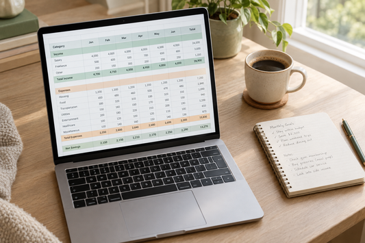 Custom budget spreadsheet open on a laptop, with a notebook and coffee on a home desk.