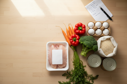A simple, affordable grocery haul laid out next to a printed weekly meal checklist