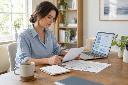 Small business owner reviewing debt payments and financial statements at a desk