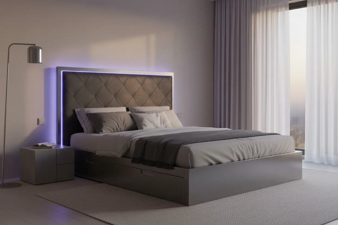 LED smart platform bed with upholstered headboard glowing in soft ambient purple-blue light in a modern bedroom