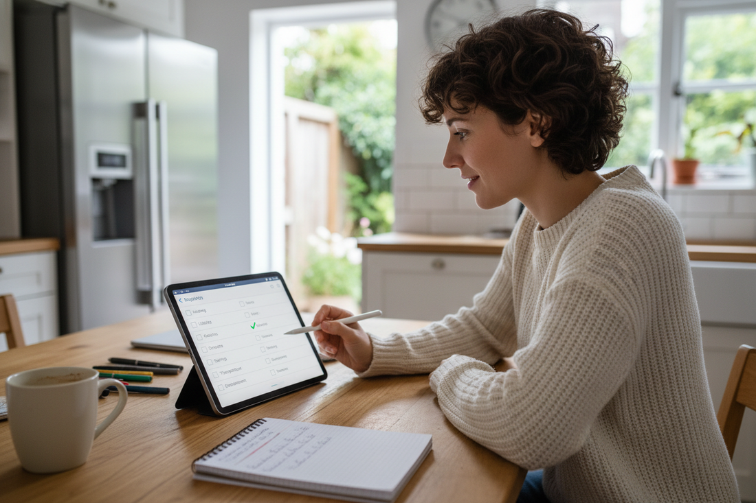 Checklist, laptop, and coffee on a desk representing the post no-buy spending plan