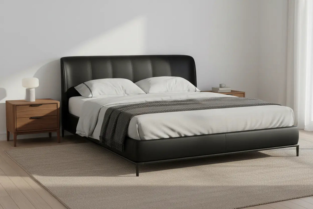 Modern faux leather queen bed frame with curved headboard and wrought iron trim, no box spring needed