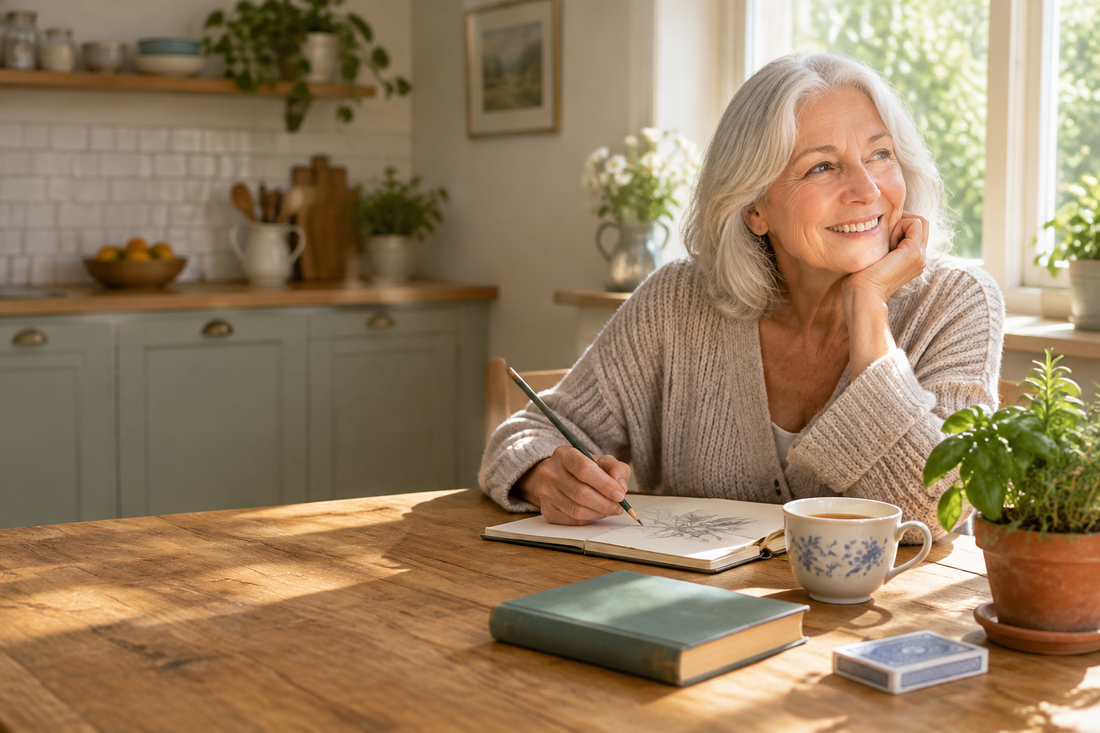 Older woman sketching at a kitchen table, enjoying an affordable hobby in retirement