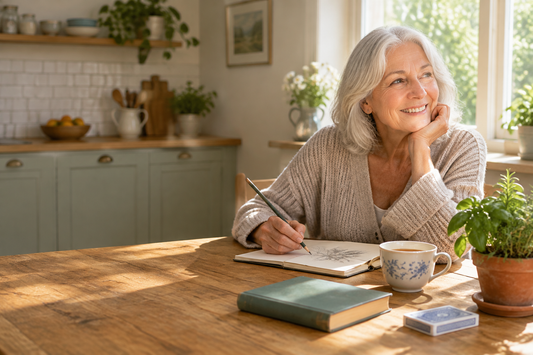 Older woman sketching at a kitchen table, enjoying an affordable hobby in retirement