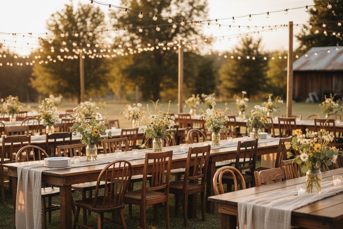 Budget-friendly wedding reception with string lights and simple wildflower centerpieces at sunset