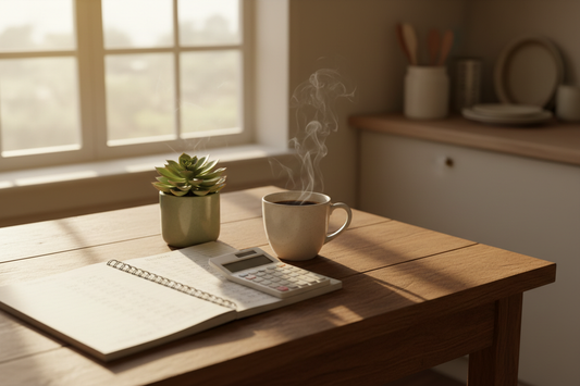 Person planning a monthly budget at a kitchen table with a notebook, calculator, and coffee