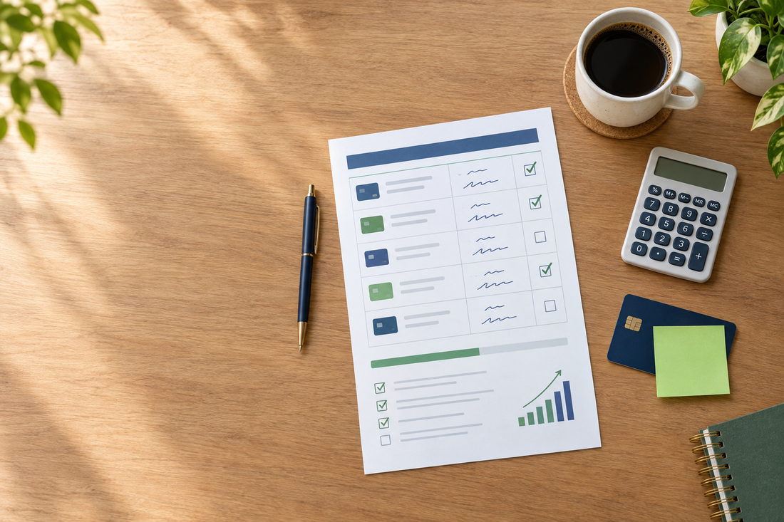 Printed credit card debt payoff plan on a desk with a pen, calculator and coffee.