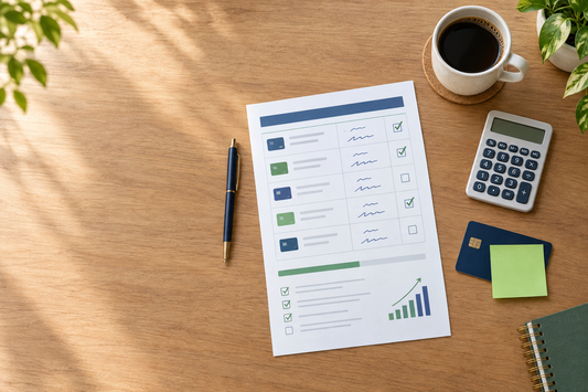 Printed credit card debt payoff plan on a desk with a pen, calculator and coffee.
