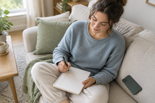 Woman reviewing finances calmly at a kitchen table using a printable checklist