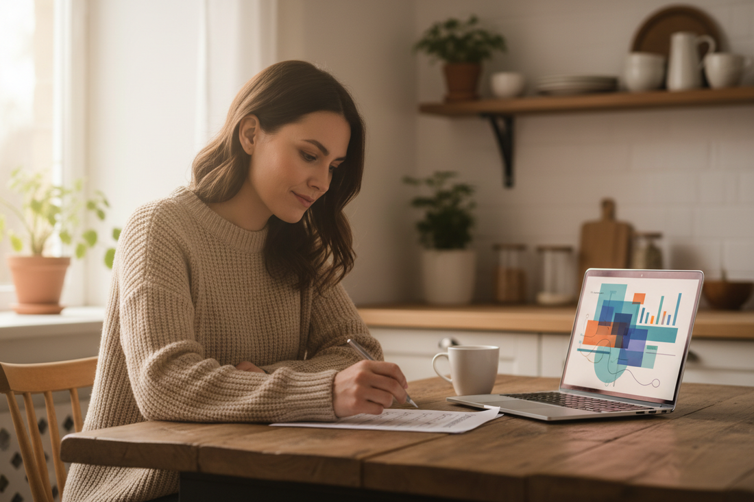 Woman reviewing a printed 30-day credit score checklist at her kitchen table with a laptop showing a credit dashboard