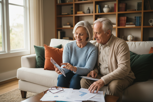 senior couple practicing frugal living on a fixed income at kitchen table