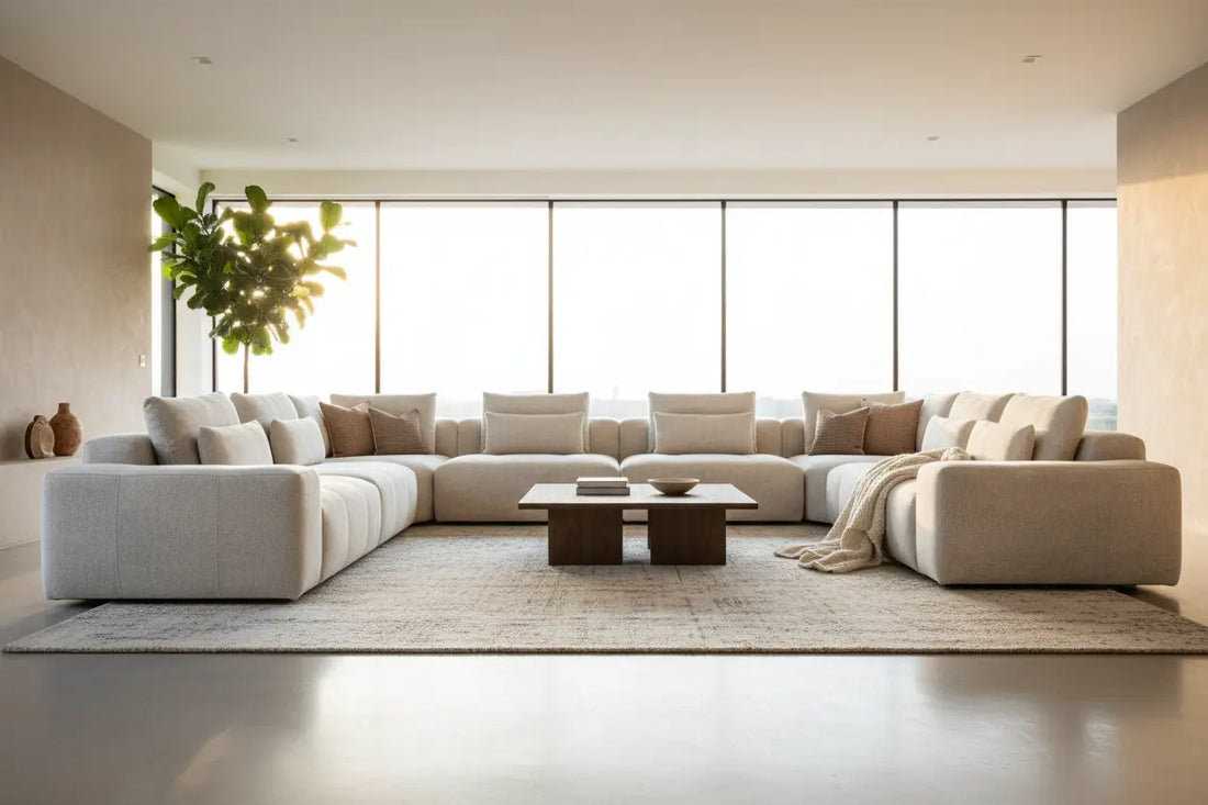 U-shaped cloud sectional sofa in chenille fabric in a modern open-concept living room