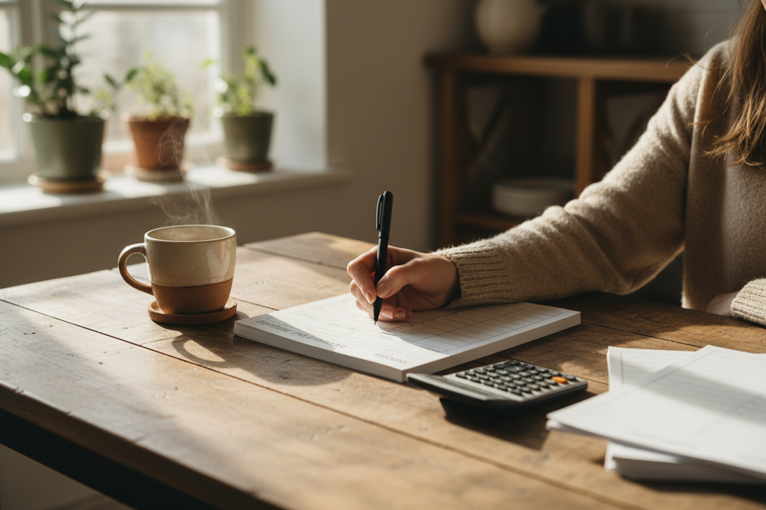 Person filling in a printable weekly budget planner at a kitchen table  Caption: