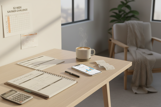 Person filling out a weekly budget planner at a desk