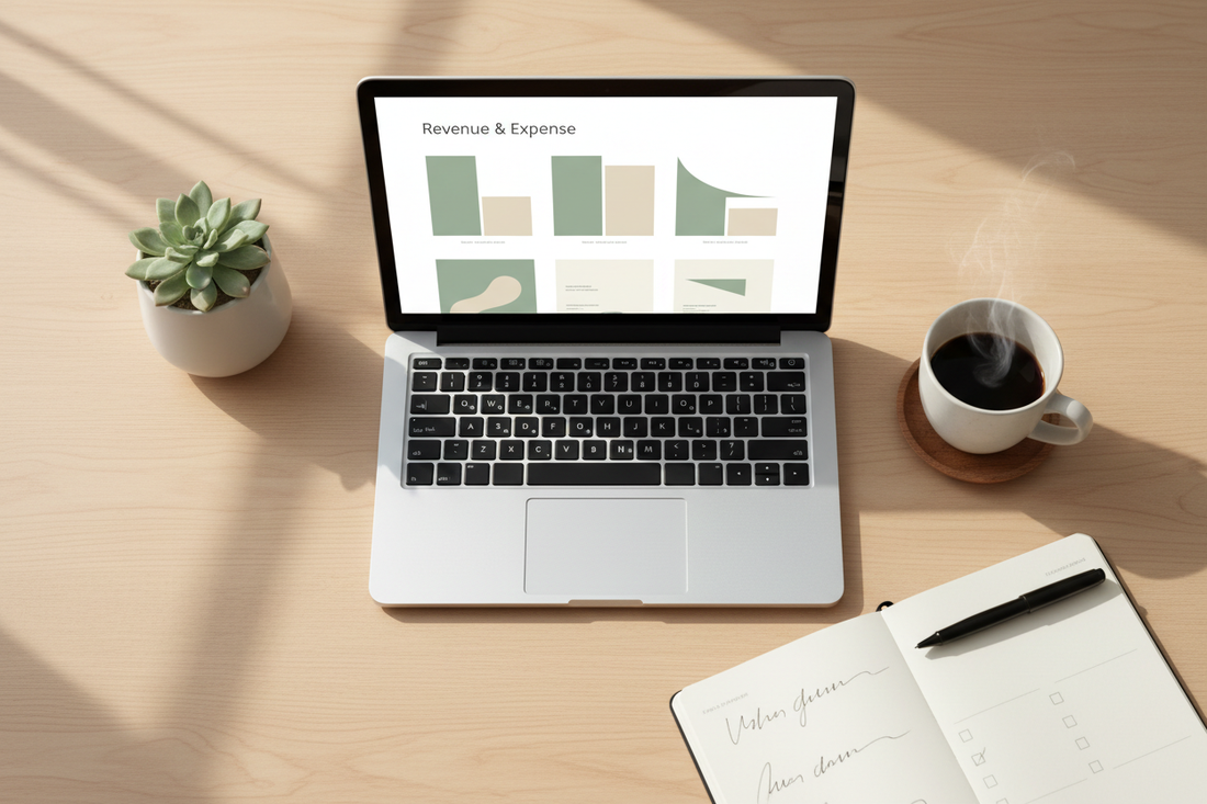 Small business owner reviewing a revenue and expense forecast on a laptop