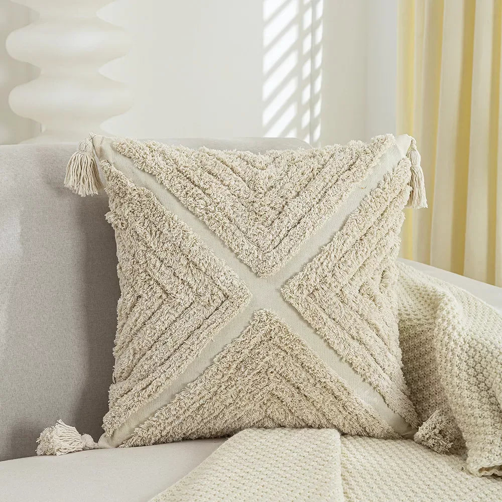 Bohemian Geometric Embroidered Tassel Pillow Cover 18×18 Inch - DSARD