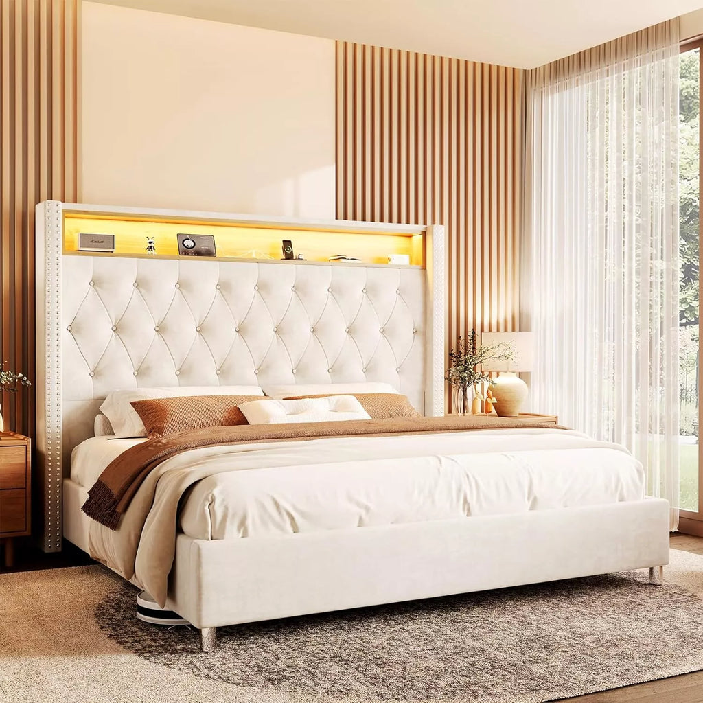 Queen Bed Frame with LED, USB Charging & Storage Headboard – No Box Spring